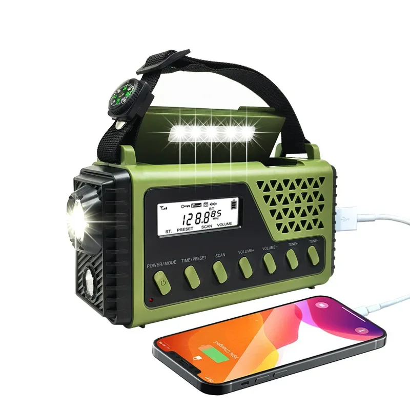 Multi Functional Outdoor Solar Powered Hand Cranked Emergency Radio AM/FM/SW/BT Radios with Flashlight/reading Light