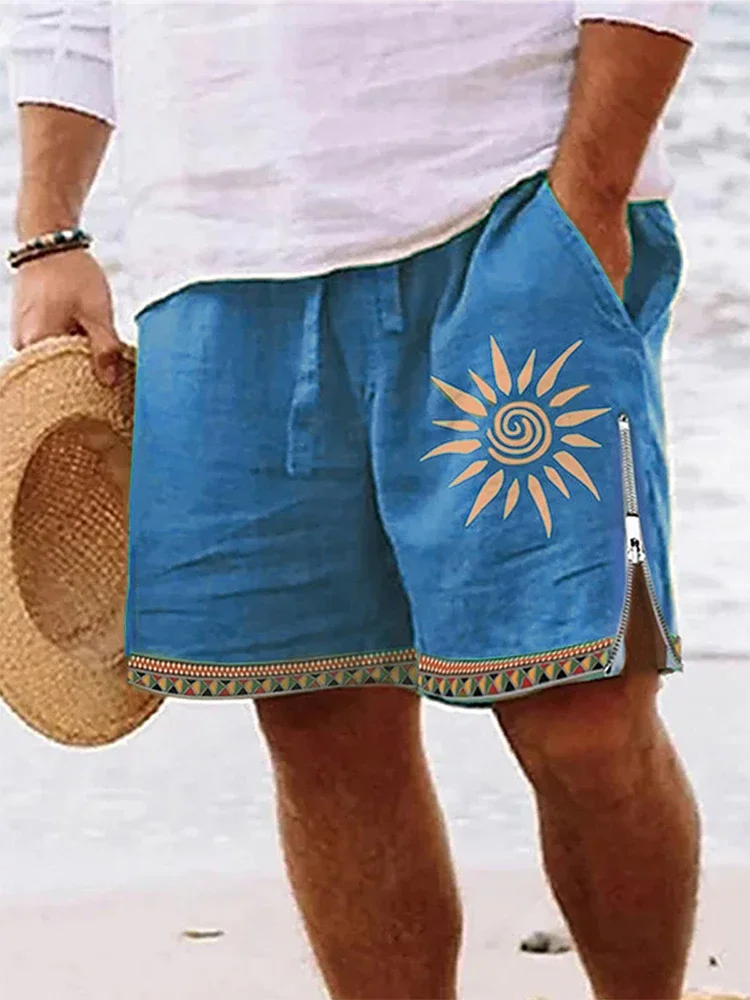 Pantalones cortos con cremallera para hombre, Shorts de lino y algodón, holgados e informales, con cordón, estampado de patrón de moda, para playa, Verano