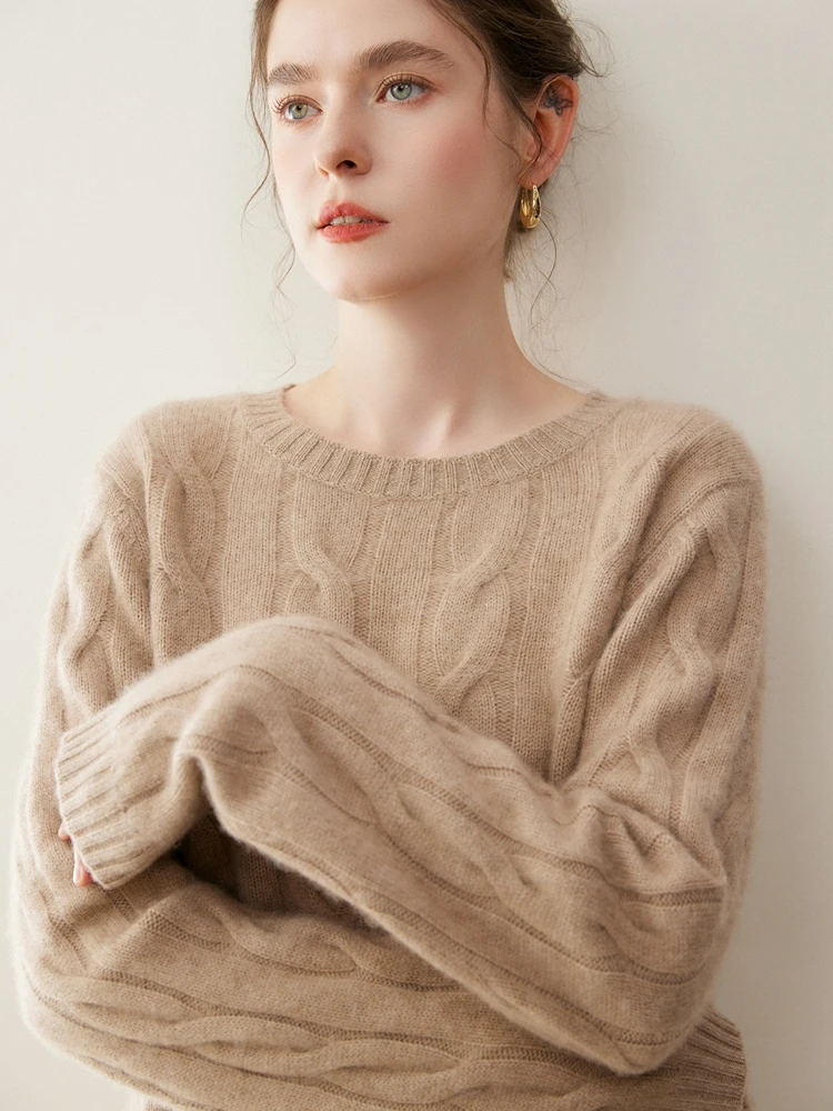 Женский осенне-зимний теплый мягкий комфортный толстый 100% кашемировый вязаный свитер с длинными рукавами, пуловер с круглым вырезом, элегантная одежда, топы