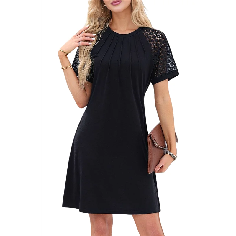 เดรสเสื้อยืดแขนสั้นลูกไม้สำหรับผู้หญิง รุ่น A09P ชุดเดรสลำลองคอทรงกลม จับจีบด้านหน้า