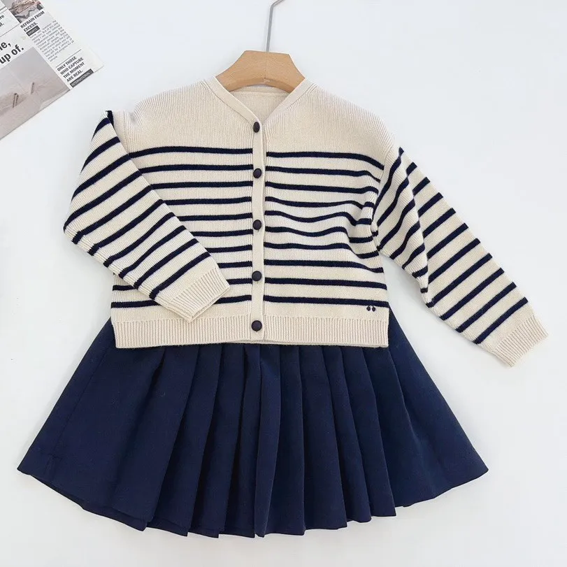 

baby winter clothes 100% wool girl sweaters Striped pattern cherry embroidery cardigan Classic minimalist girls sweater coat