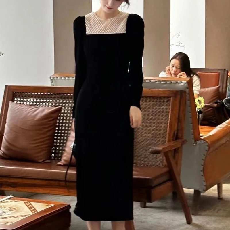 Autumn Winter O Neck Patchwork Elegant Fashion Robe Female Long Sleeve Temperament Black Dress Ladies Vestido Women\'s Clothing