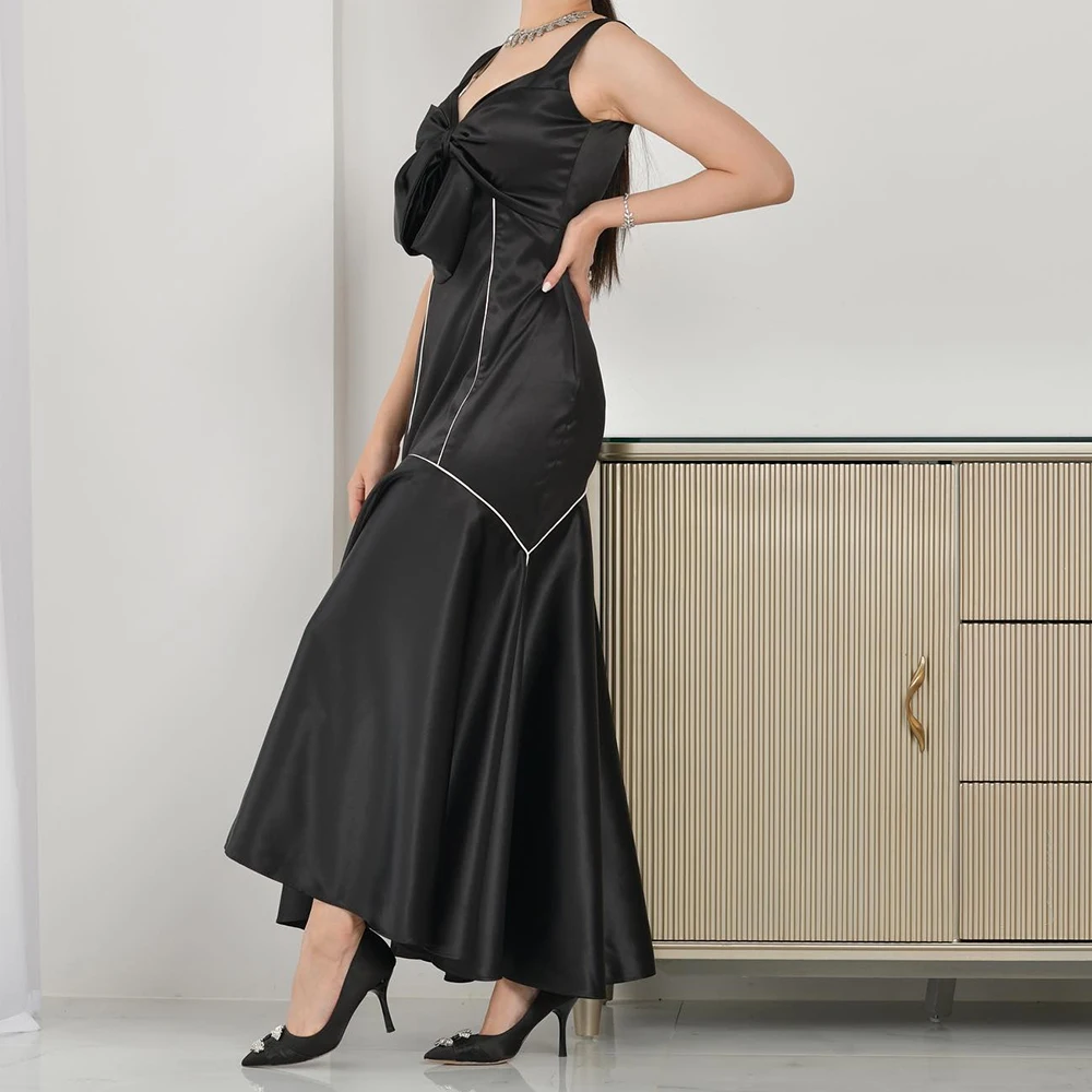 

Customized Classic Bow Pleats Sweetheart Spaghetti Straps Evening Dress Graceful Mermaid Ankle-Length Satin Black Party Dress