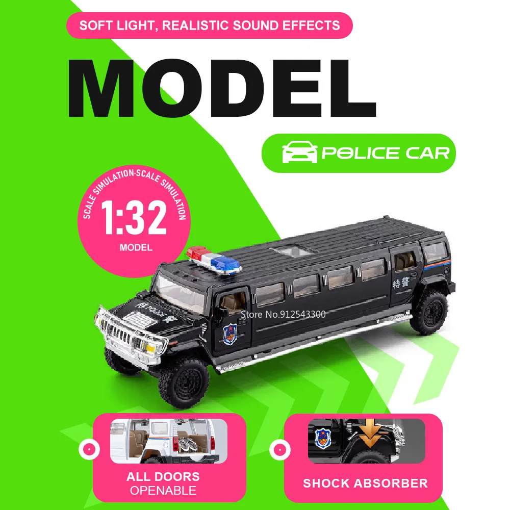 

1:32 Extended Alloy Police Car Model Toy Doors Opened Sound Light Off-road Vehicles Metal Body Models for Children's Puzzle Toys