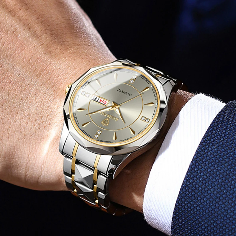 ساعة BINBOND الرجالية الفاخرة الماسية المضيئة بتقويم مزدوج وحركة كوارتز مقاومة للماء من الفولاذ المقاوم للصدأ ساعة رجال الأعمال العصرية