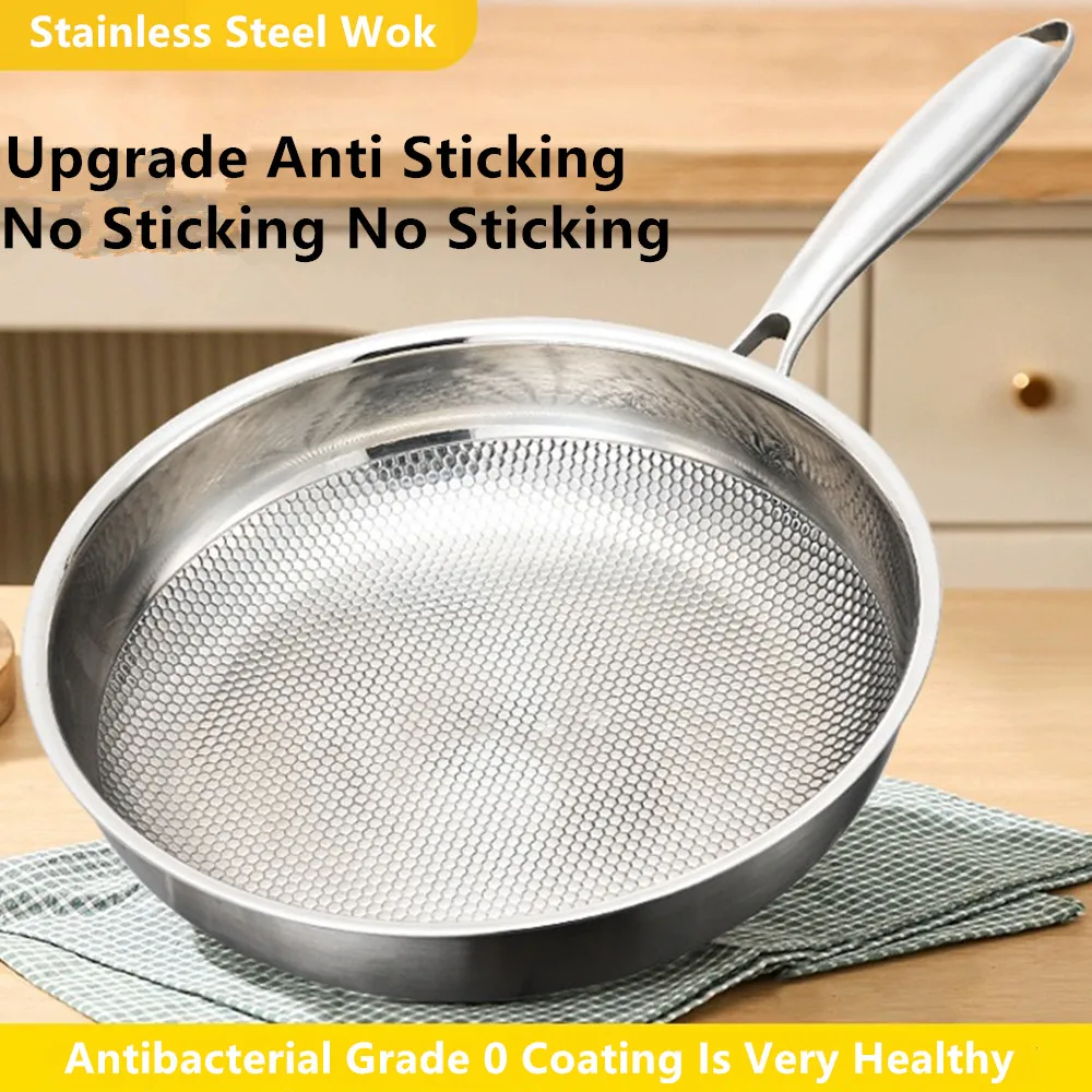 Sartén antiadherente Wok de acero inoxidable 304, sartén para carne, utensilios de cocina sin recubrimiento, adecuado para estufa de Gas, Cocina de Inducción