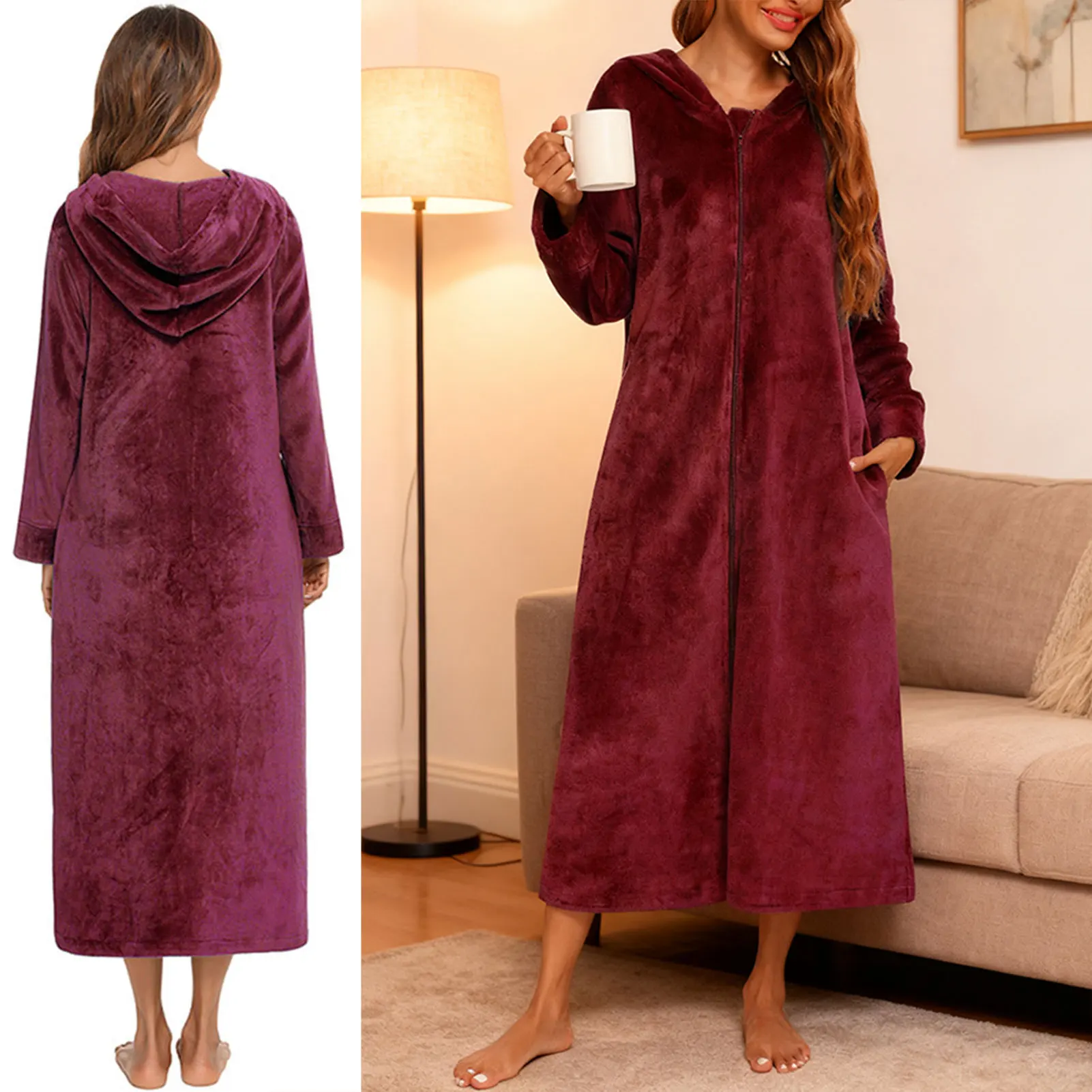 Women's Flannel Long Sleeved Zipper Pajamas Solid Color Cozy Soft Plush Long Bathrobe Homewear For Chilly Night Sleepwear