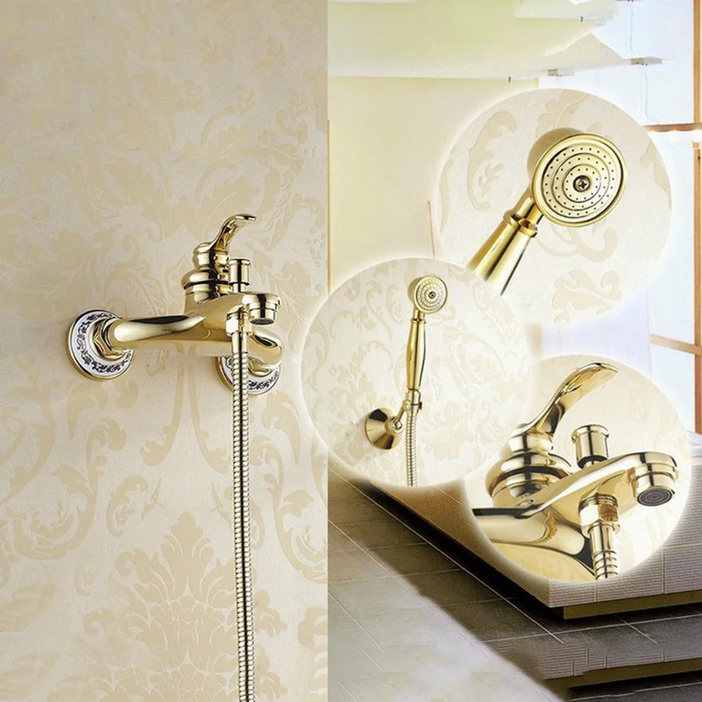 

Modern Gold Color Brass Single Handle Two Hole Wall Mount Bathtub Faucet with Handheld Shower Set +1500MM Hose Mixer Tap 2tf403