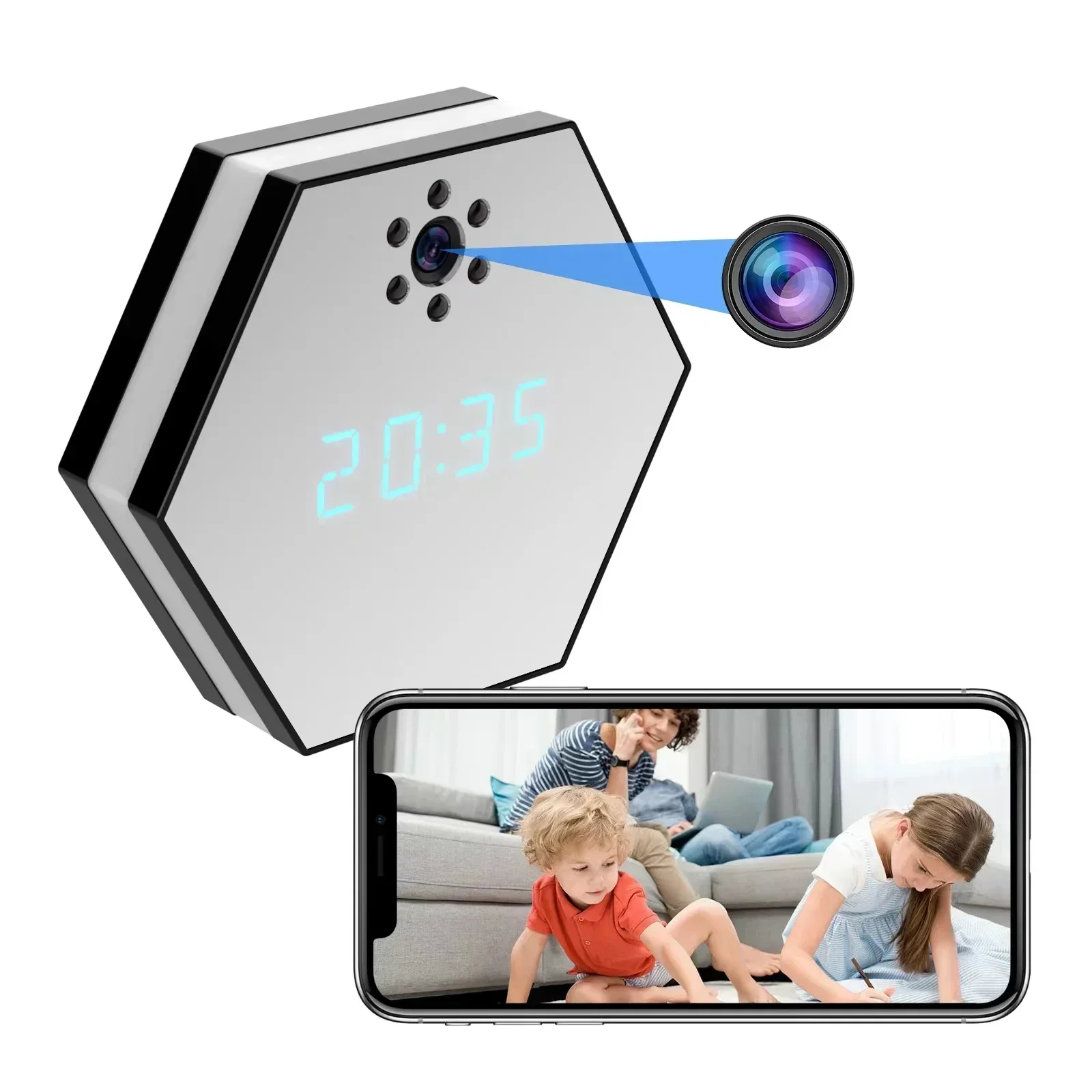 

Mini Wireless Camera with Strong Night Vision WiFi Security Camera with Clock, Full HD, 4K LED Light, WiFi Nanny Cam