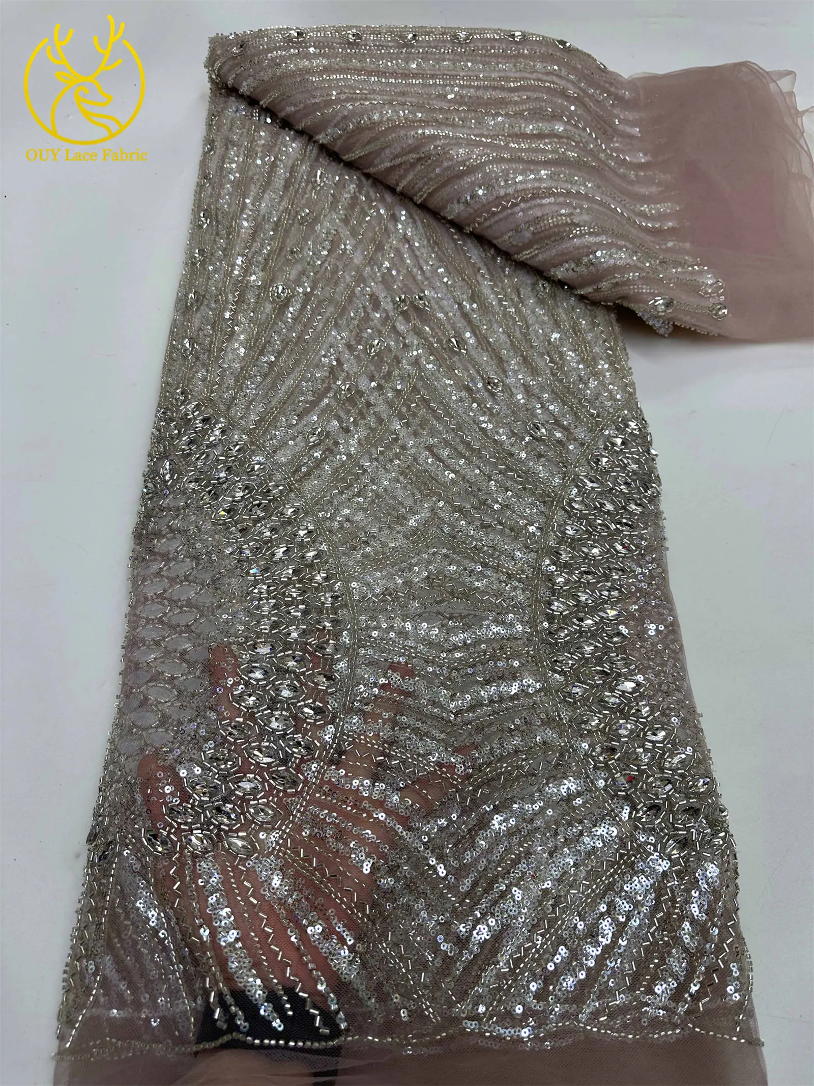 Luxuriöser afrikanischer Edelstein-Perlen-Spitzenstoff 2026 Premium nigerianischer französischer Pailletten-Mesh-Spitzenstoff für Partykleider und Brautkleider – Detail 17