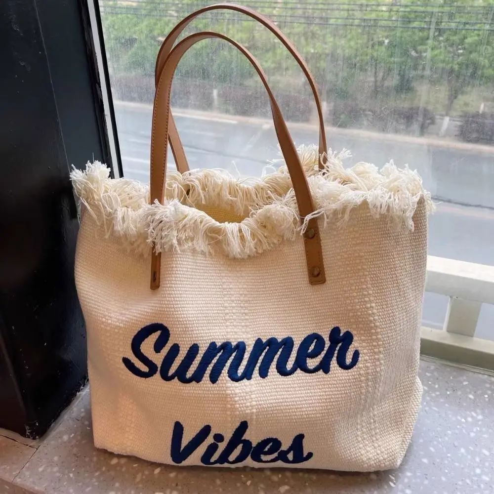 New Fashion Tassel Tote Bag Woven Canvas Bag Embroidered Alphabet Handbag Women\'s Large Capacity Shoulder Bag