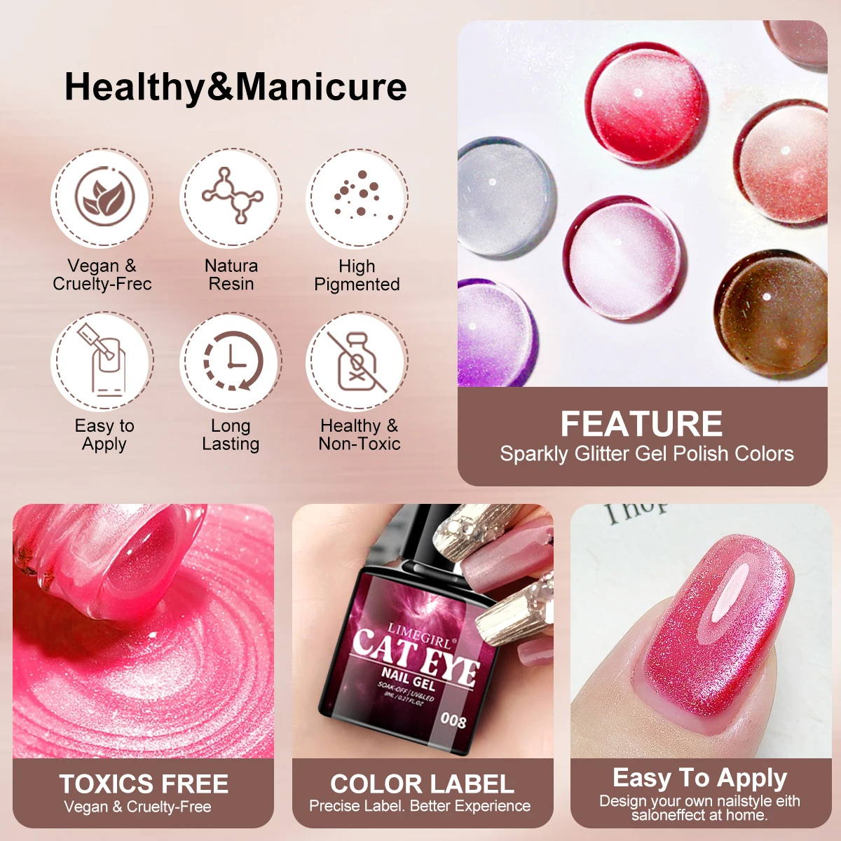라이메걸 6개입/세트 캣아이 젤 네일 폴리쉬 마그네틱 젤 세미 퍼머넌트 네일 아트 쏙 오프 UV 젤 바니쉬 네일 키트