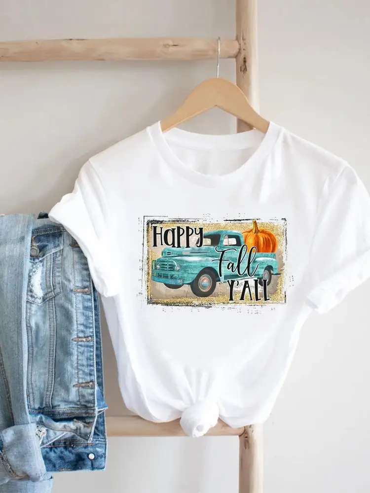 

Truck Cartoon Trend Fall Autumn T Shirt Clothing Tee Women Halloween Thanksgiving T-shirt Print Clothes Trend Graphic Top