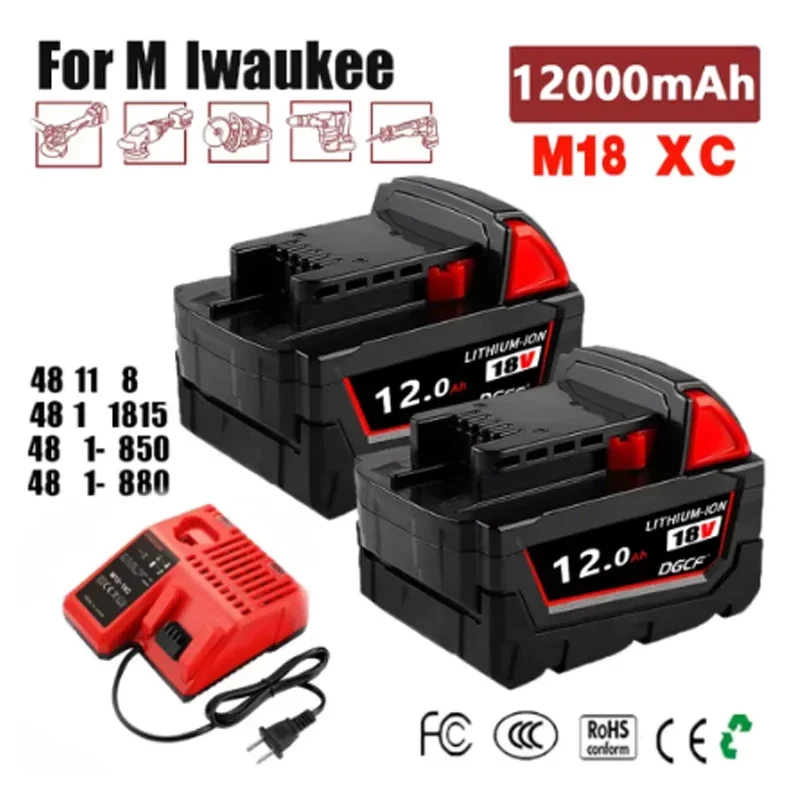 

6000mAH/12000mAH For Milwaukee M18 18V Replacement For Milwaukee M18B5 XC Li-ion battery 48-11-1815 2604-20 48-11-1850 charger
