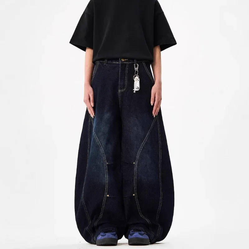 Men's American Retro Blue Loose Machete Wide Leg Jeans Unisex Baggy Straight Leg Sickle Denim Pants Deconstructed Balloon Pants