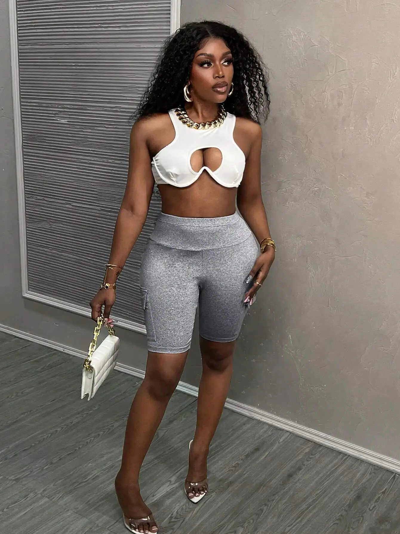 

Светло-серые велосипедные шорты-карго с высокой талией для женщин, повседневная уличная одежда