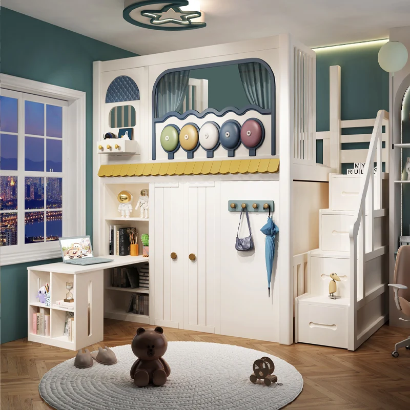 

All solid wood bed under cabinet cloakroom secret base under empty high shelf bed