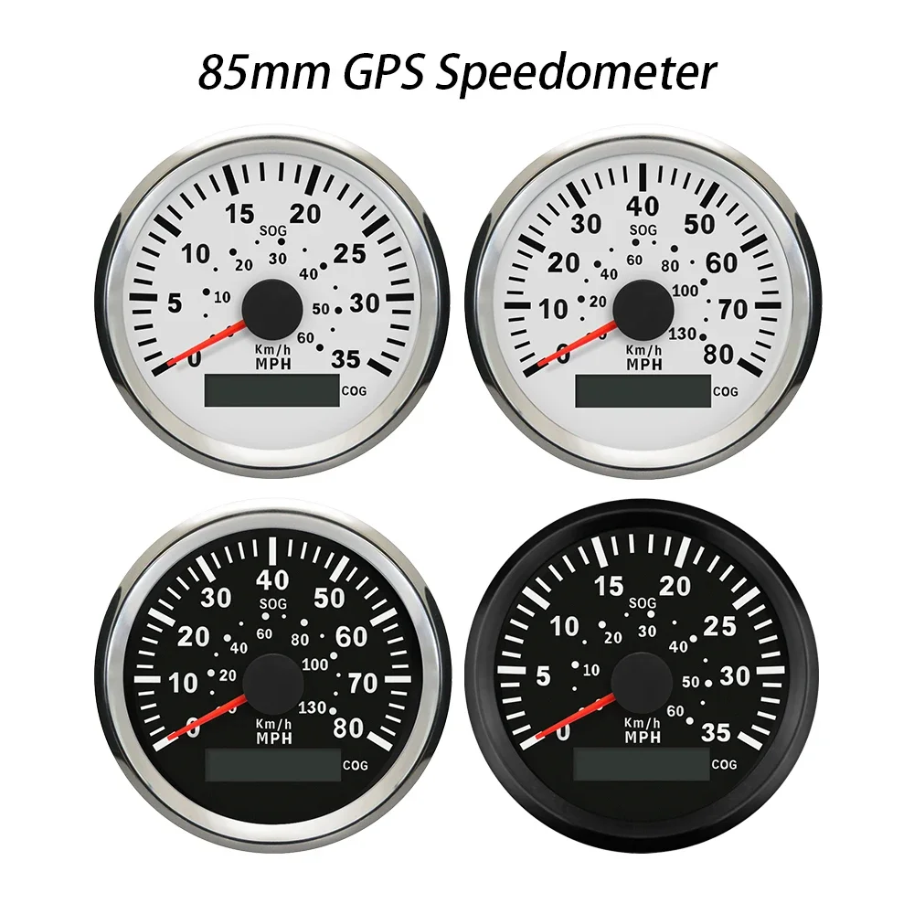 Waterproof Car 85mm GPS Speedometer 0-35MPH 0-80MPH 0-60kmh 0-120KM/H with Red Backlight and GPS Antenna for RV Boat SUV 12V 24V