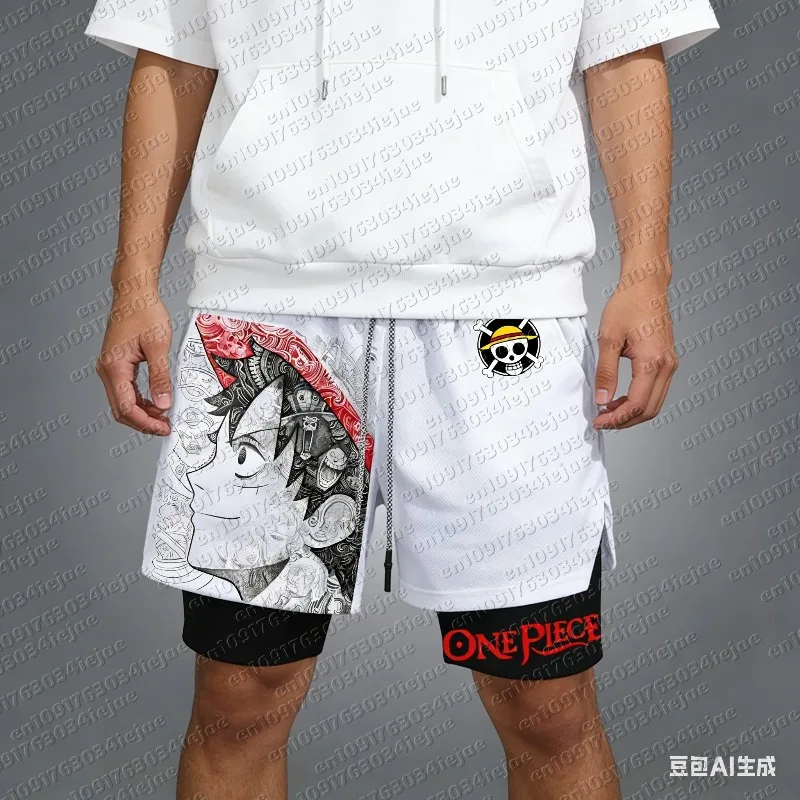 2026 One Piece Luffy Print Shorts Herren Sommer Schnelltrocknende Doppellagige 2-in-1 Hose Kleidung Cosplay Bequem und Atmungsaktiv