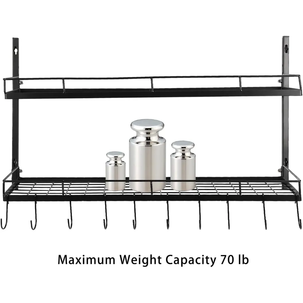 Hanging Pot Rack Wall Mounted Pot Rack 2 Tier Pan Rack Wall Mounted Pot Holders Heavy-Duty Storage and Organization