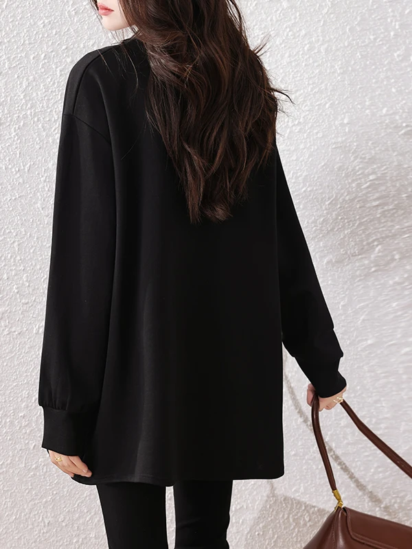 سترة رياضية أصلية بتصميم جديد لخريف 2025، فضفاضة وعصرية وبسيطة، قميص نسائي من القطن والبوليستر بأكمام طويلة وألوان أساسية #5