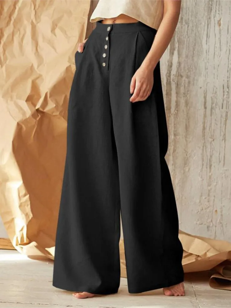 Fashion Black Casual Long Pant Women\'s Solid Color High Waist Casual Buttoned Cotton And Linen Wide Leg Pants New Spring Summer