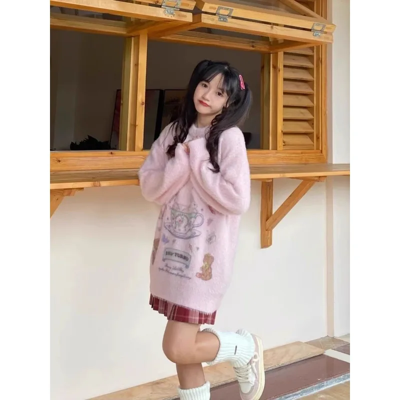 Japanese Cute Cartoon Rabbit Sweater Female Casual Vintage Pullovers Autumn Winter Korean Sweet Loose Women Pink Sweaters