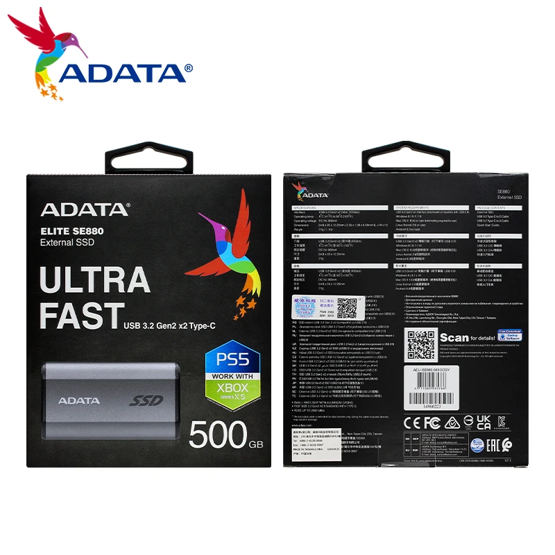 Imagem -06 - Adata-unidade de Estado Sólido Móvel Elite Se880 Ssd Externo 500gb 1tb Usb 3.2 Gen2x2 Tipo-c Hdd Portátil para Laptop Desktop Ps5