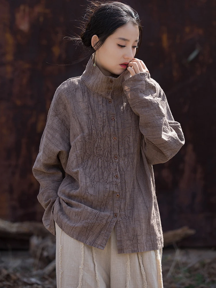 

Women New 2025 Spring Vintage Style Tie Dye Loose Female Long Sleeve Casual Tops Shirts M643 High Quality Cotton Linen Shirt