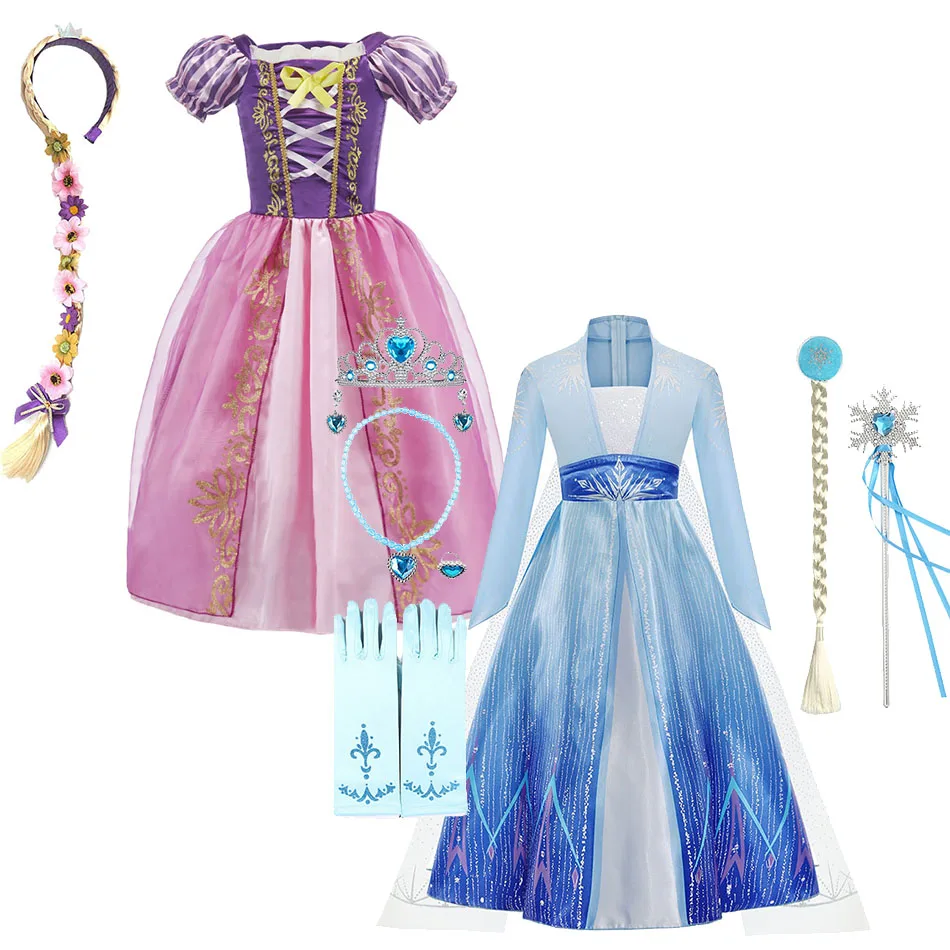 Children Elsa Dress Girls Cosplay Carnival Fancy Fantasy Kids Snow Queen 2 Pageant Clothes Rapunzel Performance Costume 3-10Y