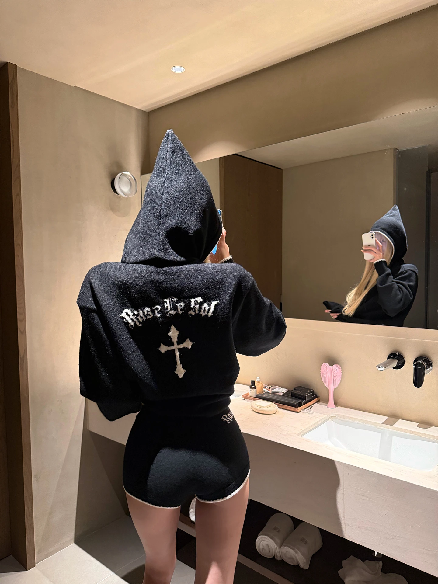 

Black Hooded Knitted Sweater And Shorts Set Cross Stitch Elf Witch Lazy Style Women's Fashion Casual Wear Winter Spring Autumn