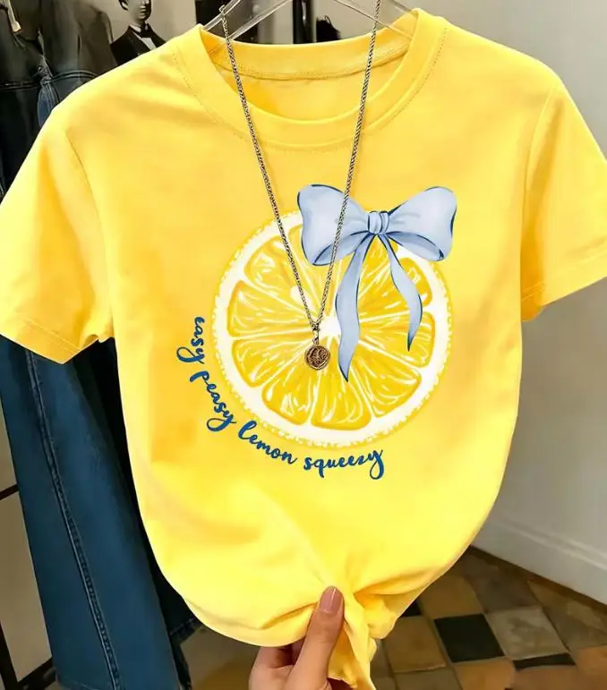 Cute Bow Lemon Graphic T Shirt Women Coquette Aesthetic Fruit Print Tee Casual Short Sleeve Crewneck Top Summer Sweet Style Clothing