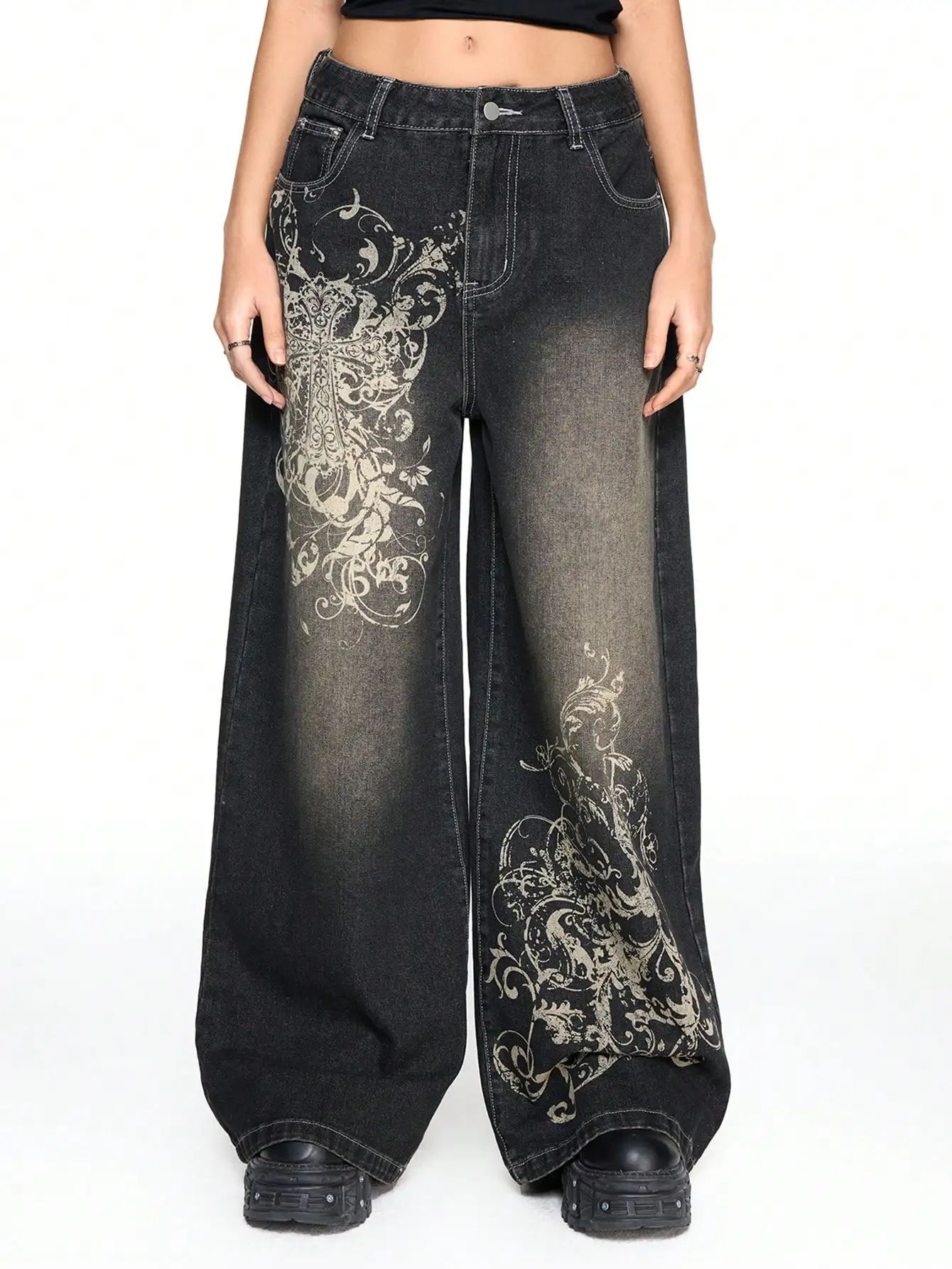 

Широкие джинсы в стиле гранж-панк с принтом крестов и виноградной лозы, уличная одежда с низкой талией для женщин