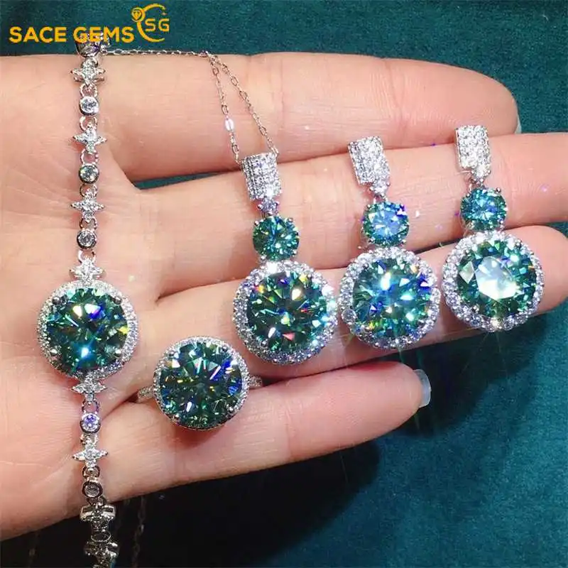 

SACEGEMS 28ct Moissanite Jewelry Set 925Sterling Silver Ring Earrings Necklace Bracelrts 4Piece Set Fine Jewelry Wedding Sets