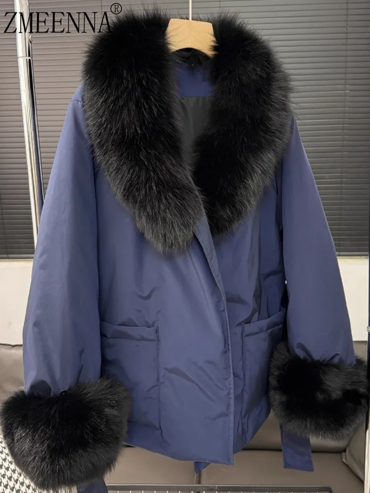 

ZMEENNA Elegant Women's Navy Padded Down Jacket With Luxurious Black Faux Fur Collar And Cuffs Stylish Outerwear ZM3925
