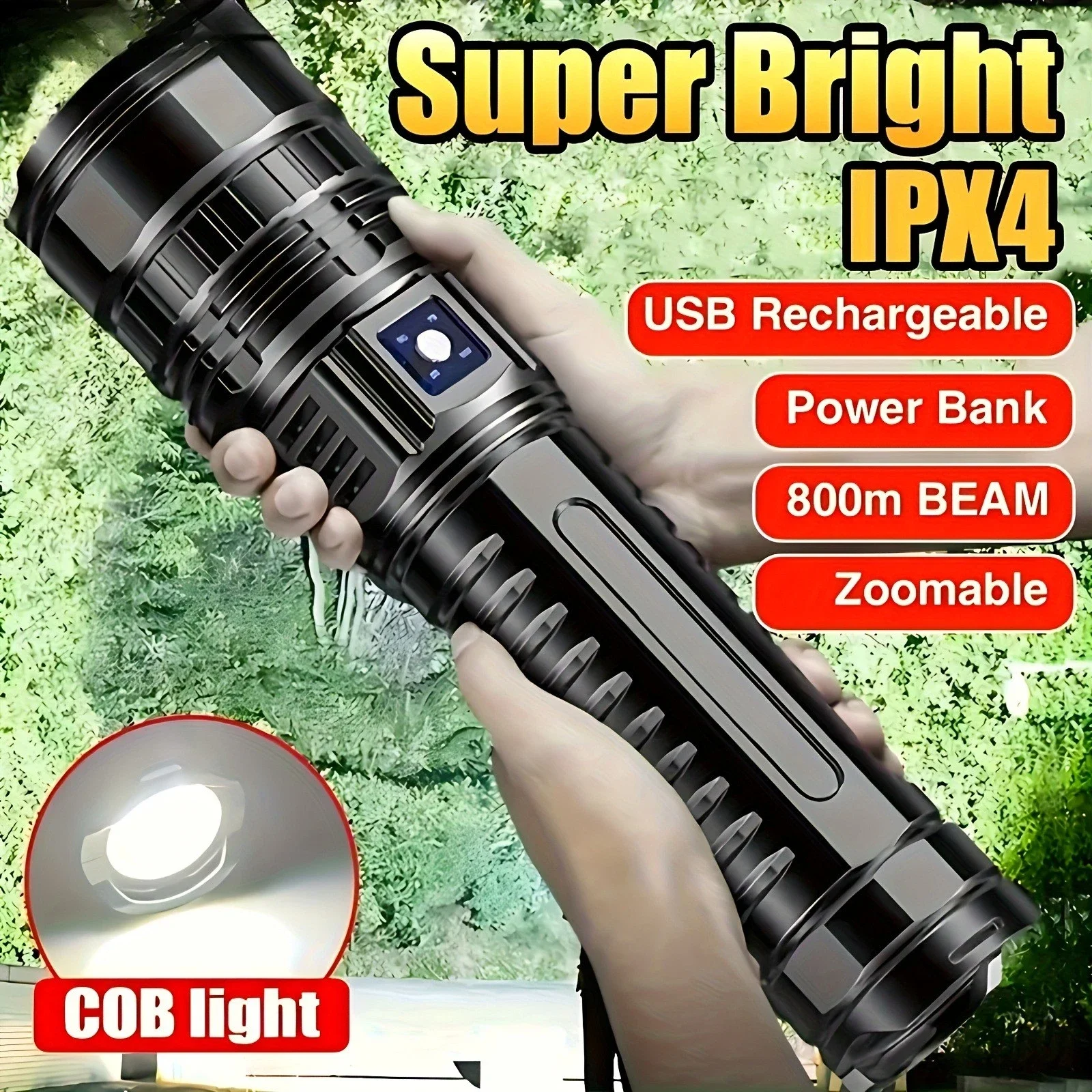

Powerful LED Flashlight Rechargeable Tactical Flashlight with 5 Modes Waterproof Zoomable Flashlight for Camping Emergency