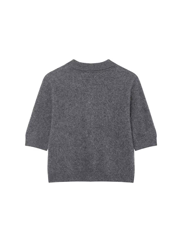 เสื้อคาร์ดิแกนถักแขนสั้นคอปกโปโลสีพื้นสไตล์ยุโรปแฟชั่นใหม่สำหรับผู้หญิงอเนกประสงค์และสง่างาม