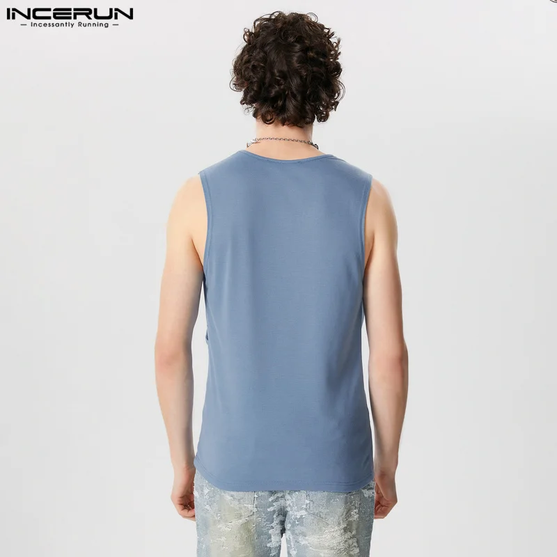 INCERUN Men Tank Tops Solid Color O-neck Sleeveless Casual Male Vests Streetwear Summer 2024 Pleated Fashion Men Clothing S-5XL