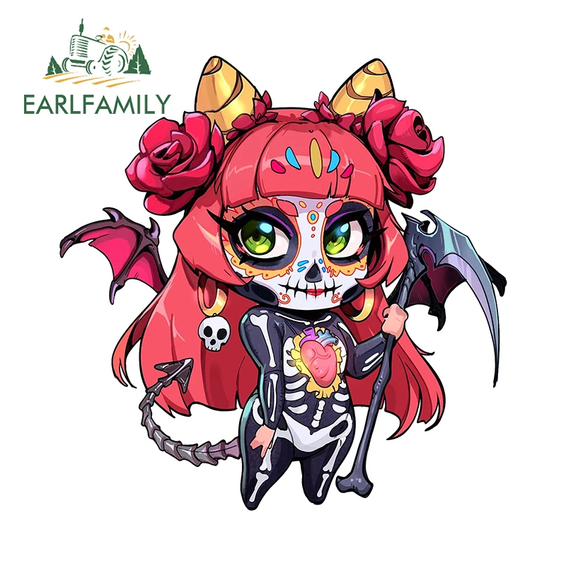 EARLFAMILY 13cm x 12.8cm Cute Skull Devil Girl Car Sticker Chibi Halloween Cartoon Computer Decal Cute Decoration Funny Graphics
