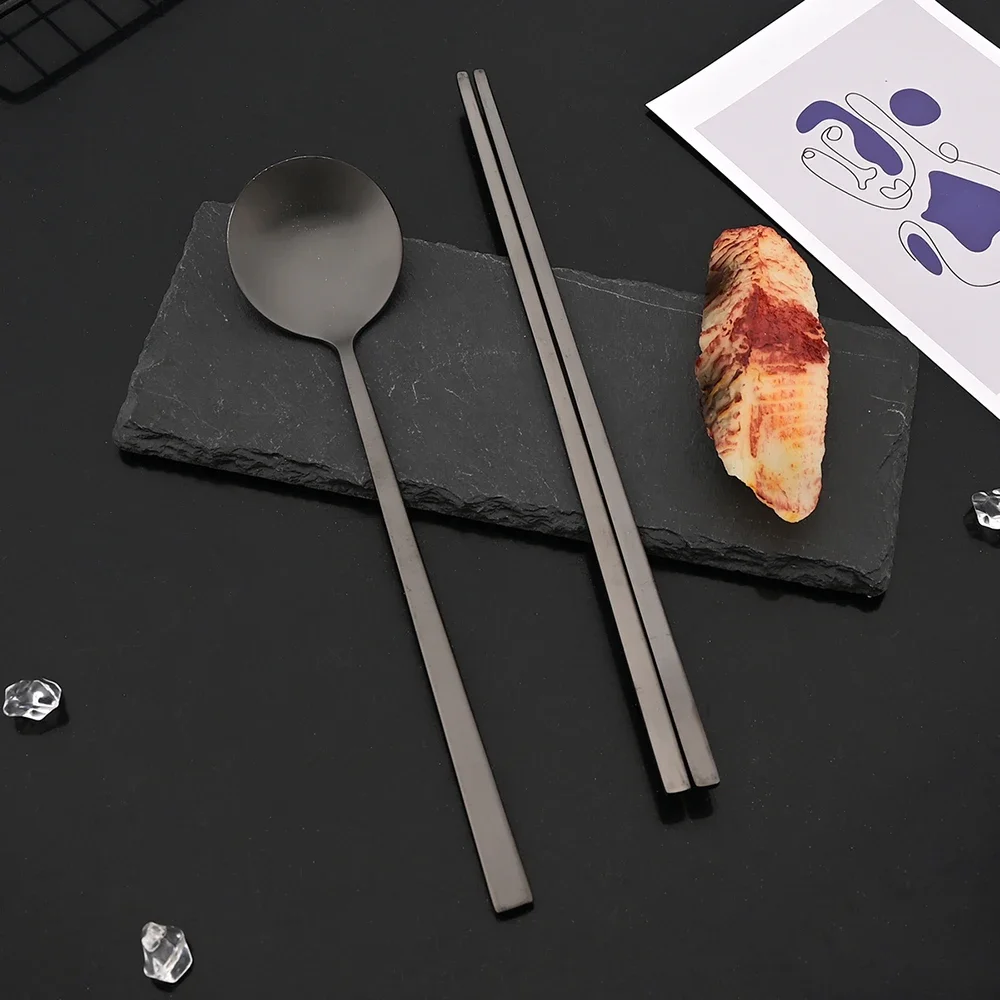 Stainless Steel Matte Cutlery Set Sushi Sticks Dinner Spoons Set 8Pcs Dinnerware Korean Chopsticks Dessert Spoon Flatware Set
