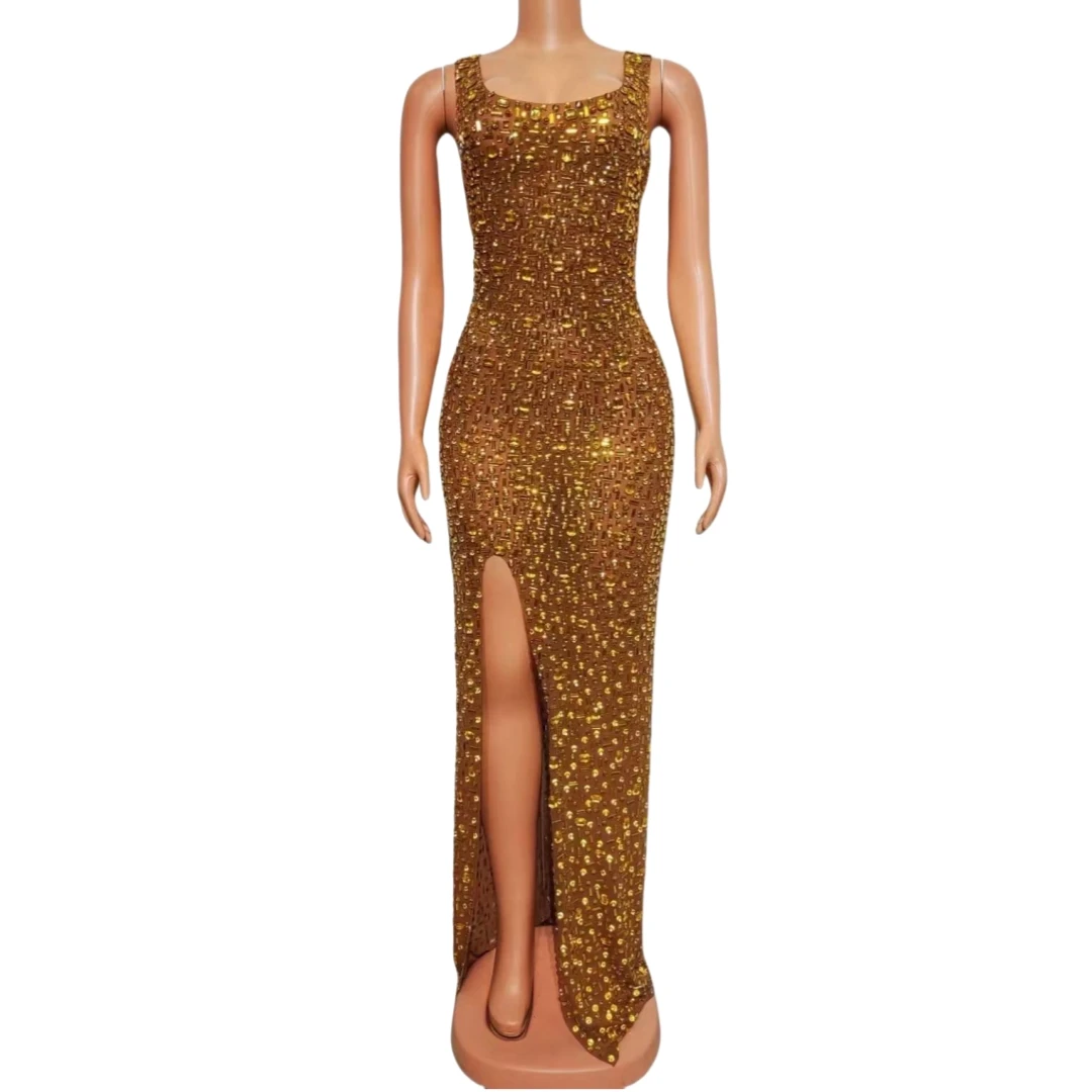 

Elegant Glitter Sleeveless Rhinestone Crystals Long Dress For Women 2024 New Wedding Party Evening Dressy Drag Queen Costume