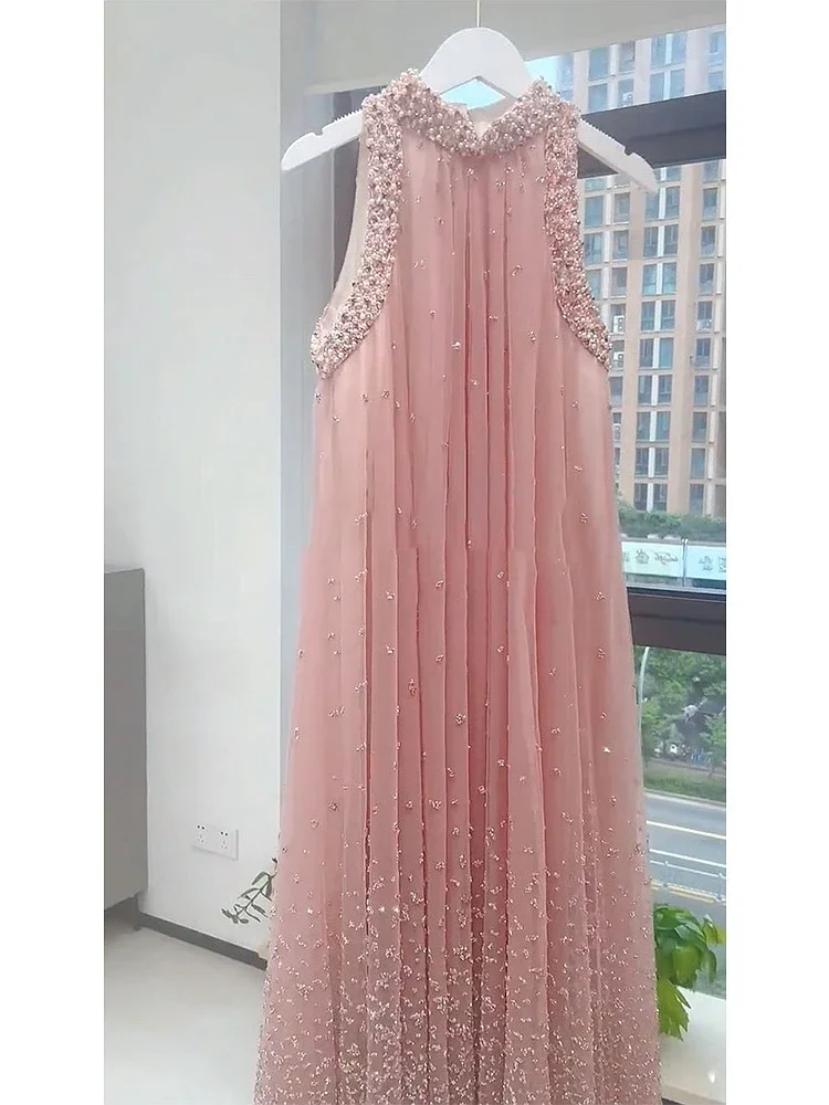 Fashion Fairy Style Heavy Industry Beaded Round Neck Sleeveless Mesh Loose A-line Pink Sweet Party Long Dress Women Summer 2024