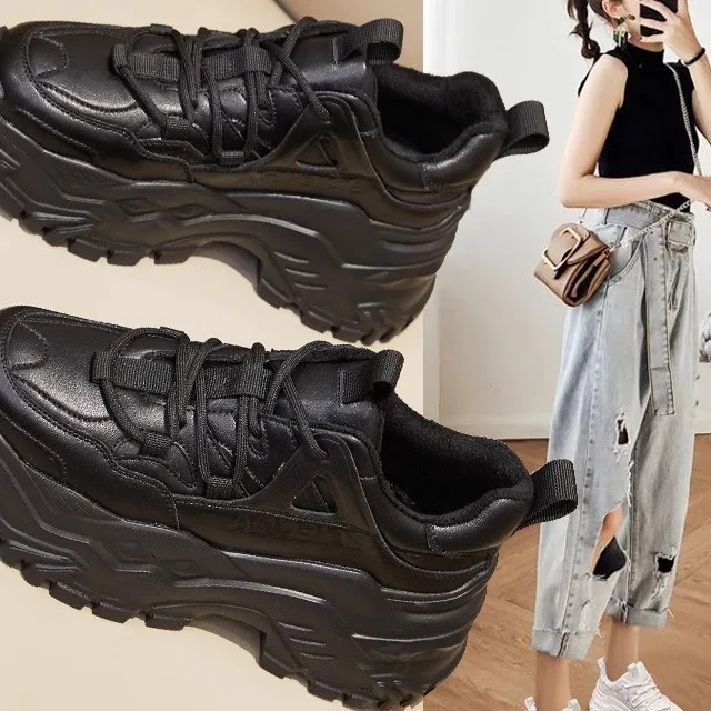 

Trendy Fleece Lined Real Leather Dad Shoes Women's Sporty Casual Shoes Thick Bottom Low Cut round Toe Comfortable Walking Shoes