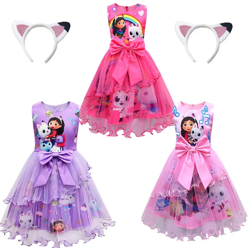 Girls Dress Summer New Short Sleeve gabby\'s dollhouse Princess Gabby Cat Mesh Tutu Skirt Children\'s Birthday Party Cosplay Dress