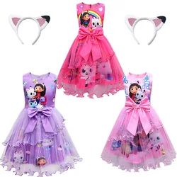 Girls Dress Summer New Short Sleeve gabby's dollhouse Princess Gabby Cat Mesh Tutu Skirt Children's Birthday Party Cosplay Dress