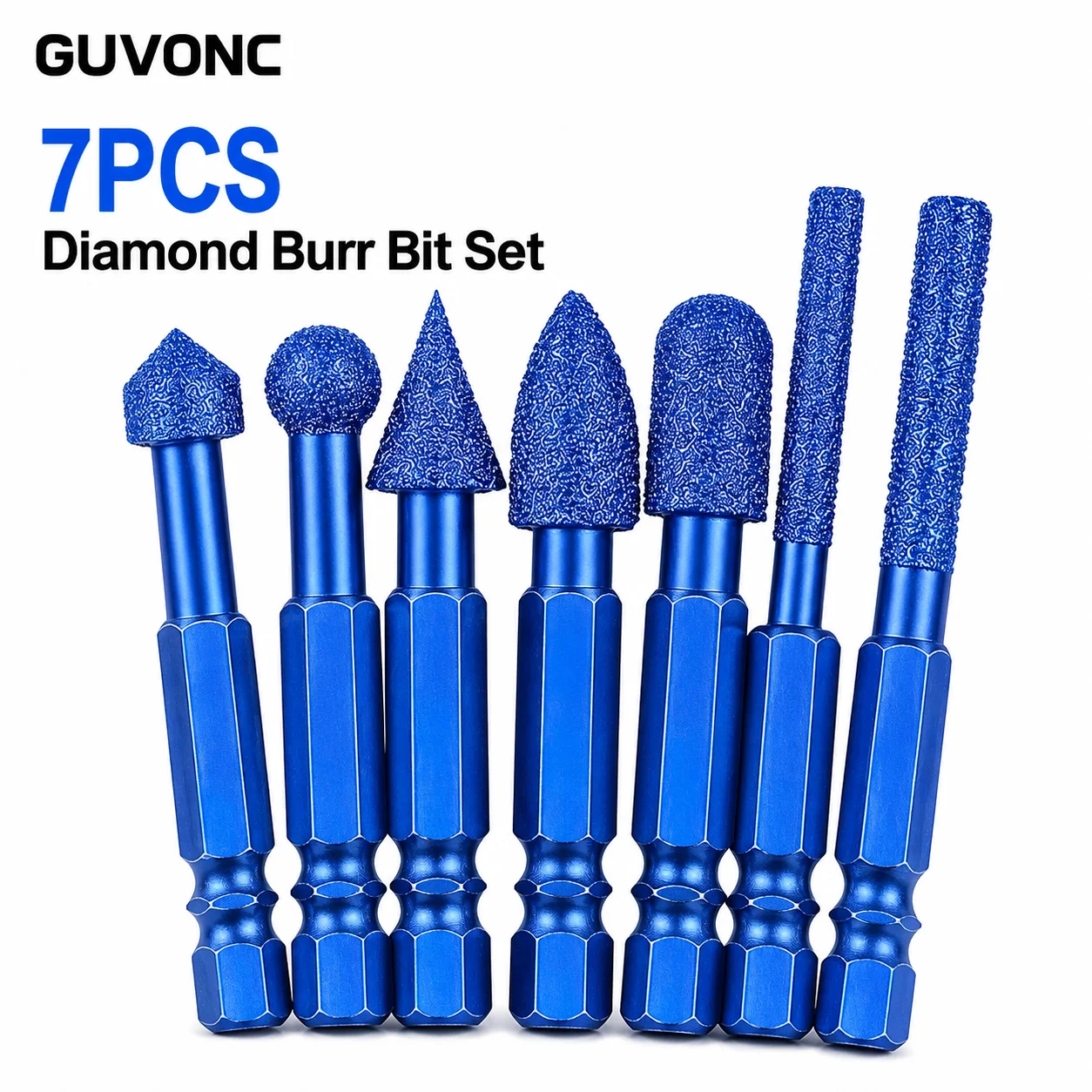 7Pcs Diamond Coated Burr Bits Set 1/4 Inch Hex Shank for Stone Granite Marble Ceramic Grinding Work