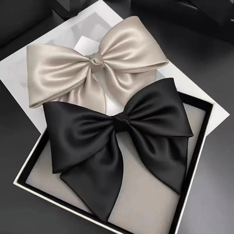 Women Bow Ribbon Hair Clip Fashion Simple Solid Satin Spring Clip Hair Pin Elegant Retro Headband Clips Girls Hair Accessories