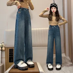 Children Jeans Girls Wide-leg Pants Kids Loose Trousers Baby Straight Denim Pants Spring Autumn 4 To16 Year