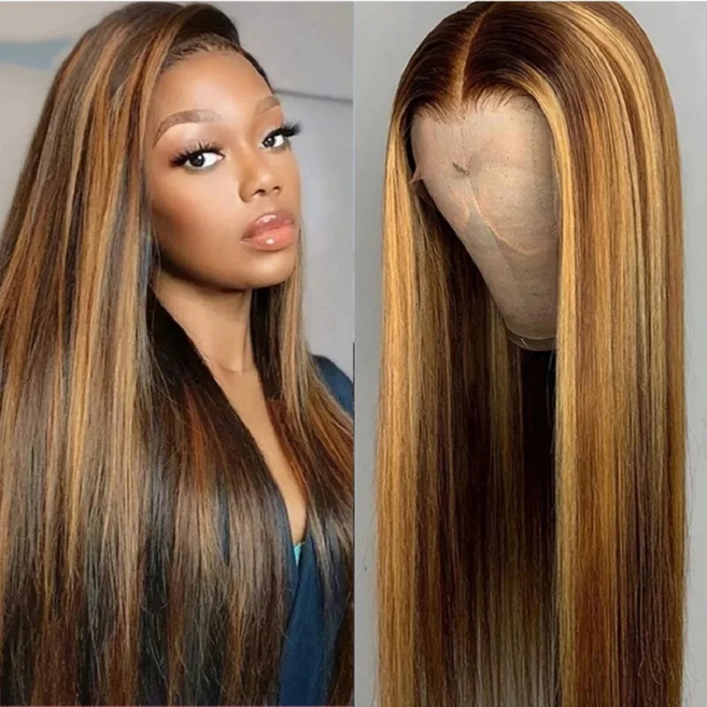

46-дюймовые парики из натуральных волос с прямой текстурой, HD Full Lace Frontal, 13x4, 13x6, с цветными прядями P4/27, плотность 200%, для женщин