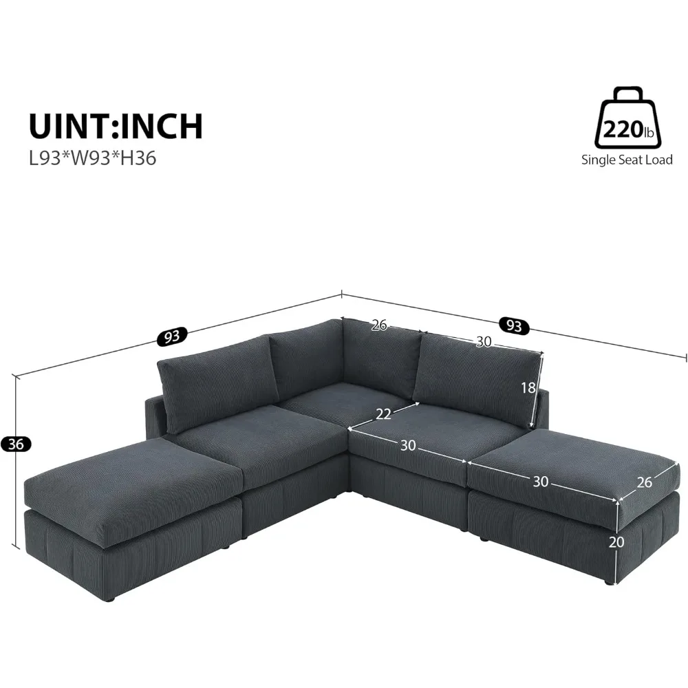 5 Seat Modular Sofa with Convertible Ottomans, Armless Corduroy Sectional Couch Set with Vertical Stripes Various Combinations